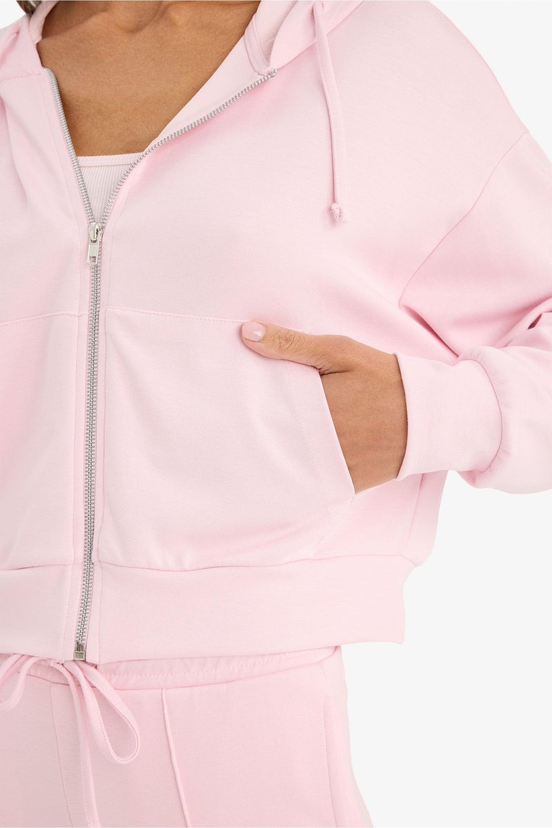 DeFacto Pink Woman Loose Fit Zip-Up Modal Hoodie Casual - Image 5